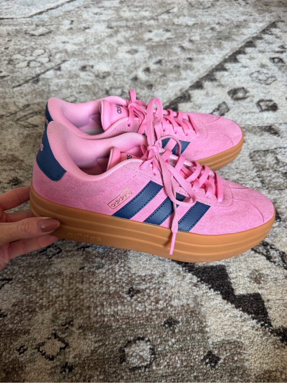 adidas Pink Suede Sneakers with Navy Stripes and Gum Sole